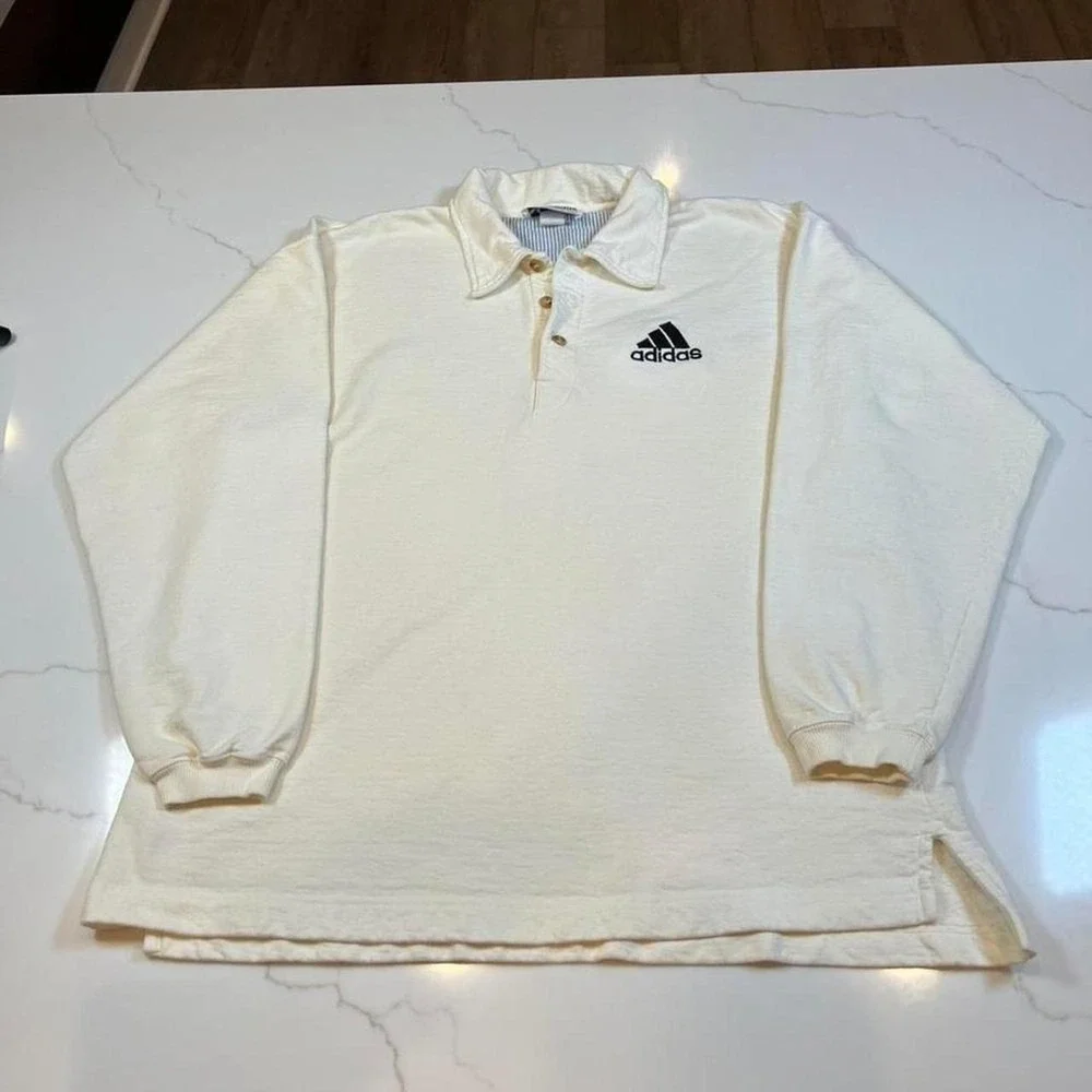 Adidas Rugby Shirt Mens Large Vintage Cream Long Sleeve Polo Embroidered Logo